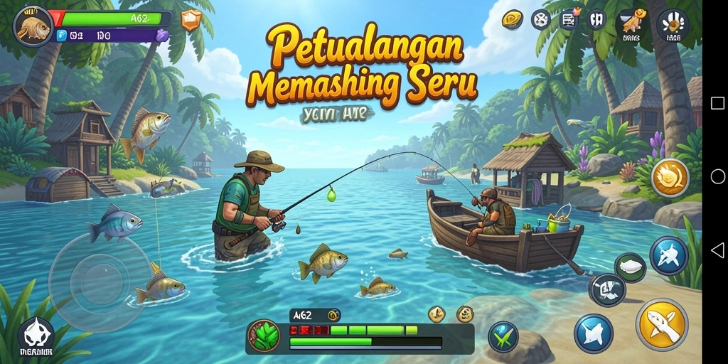Screenshot gameplay AA62 menampilkan aksi memancing yang mendebarkan.