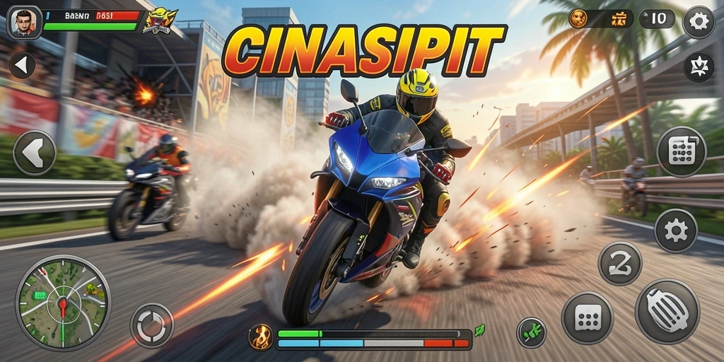 Screenshot utama CINASIPIT menampilkan aksi balapan motor yang mendebarkan.