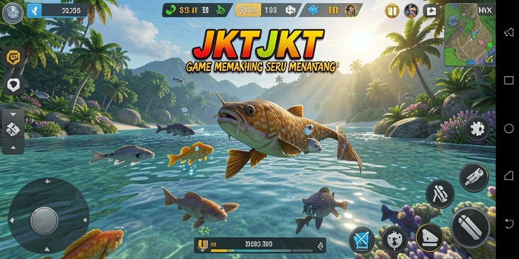 Tampilan gameplay seru dari JKTJKT saat menangkap ikan.