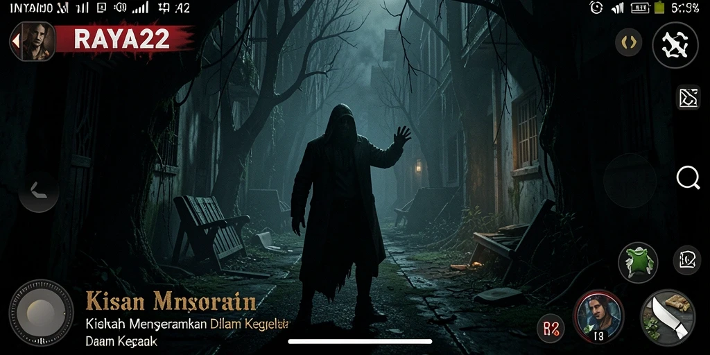 Screenshot menunjukkan suasana menyeramkan dalam gameplay RAYA22.