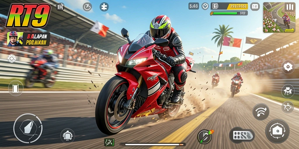 Screenshot gameplay RT99 yang menunjukkan aksi balapan motor seru.