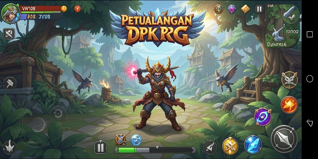 Screenshot gameplay VW108 menunjukkan pertarungan seru di dunia RPG yang luas.